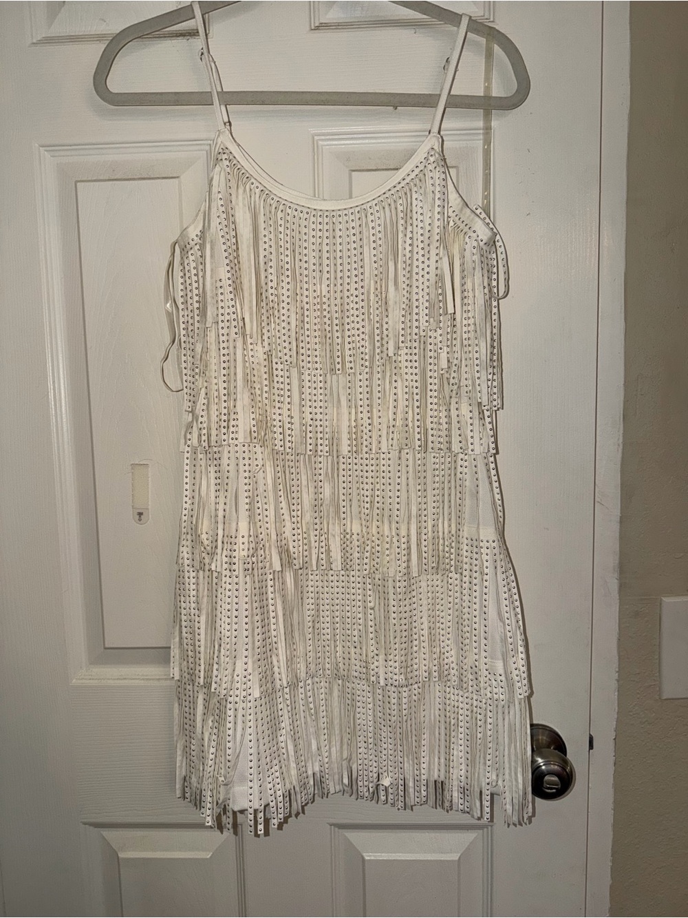 Fringed White Mini Slip Dress with Spaghetti Straps
